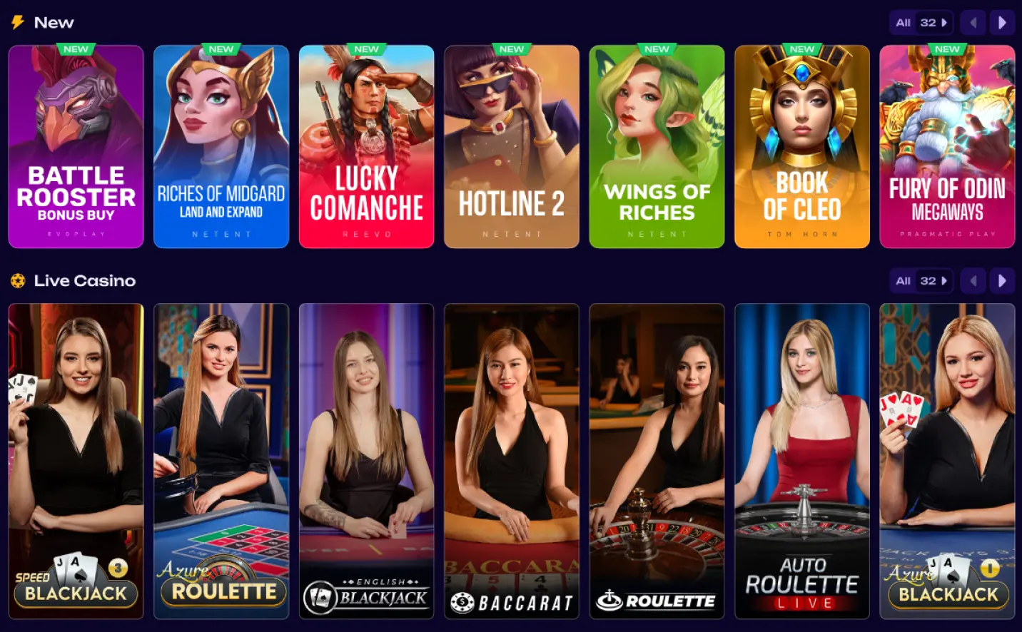 Οθόνη λόμπι καζίνο με δύο ενότητες: «New» με νέα slots (Battle Rooster, Riches of Midgard, Lucky Comanche, Hotline 2, Wings of Riches, Book of Cleo, Fury of Odin Megaways) και «Live Casino» με παιχνίδια με ζωντανούς κρουπιέρηδες όπως blackjack, ρουλέτα, baccarat και auto roulette